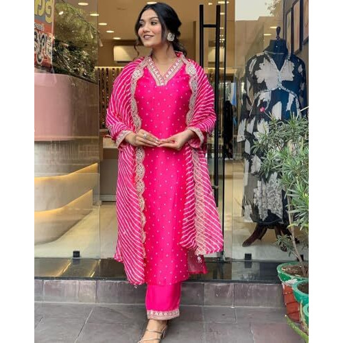 Yashika Women's Regular Silk Blend Table Kurta Pant Set with Mal Cotton Digital Print Dupatta and Embroidery Work Suitable for Every Indian Occasion (AZ-YS-OG-KS2178-Parent_Pink