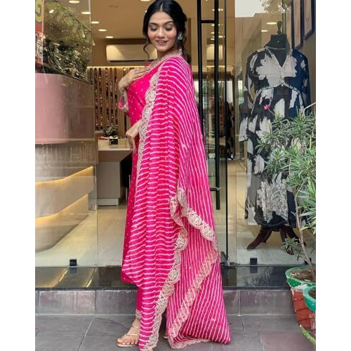 Yashika Women's Regular Silk Blend Table Kurta Pant Set with Mal Cotton Digital Print Dupatta and Embroidery Work Suitable for Every Indian Occasion (AZ-YS-OG-KS2178-Parent_Pink