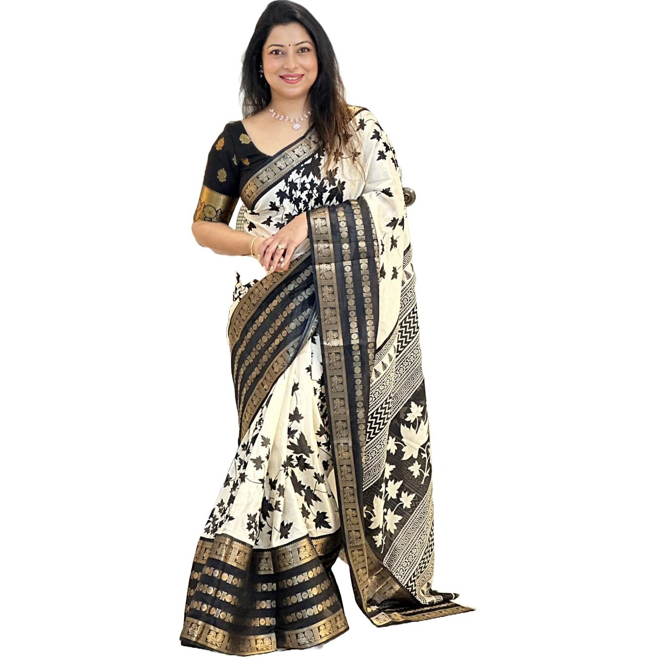 Yashika Women's Floral Printed White Dola Silk Jacquard Saree With Unstitched Blouse Material For Women (AZ-YS-OG-GYANI WHITE BLACK)