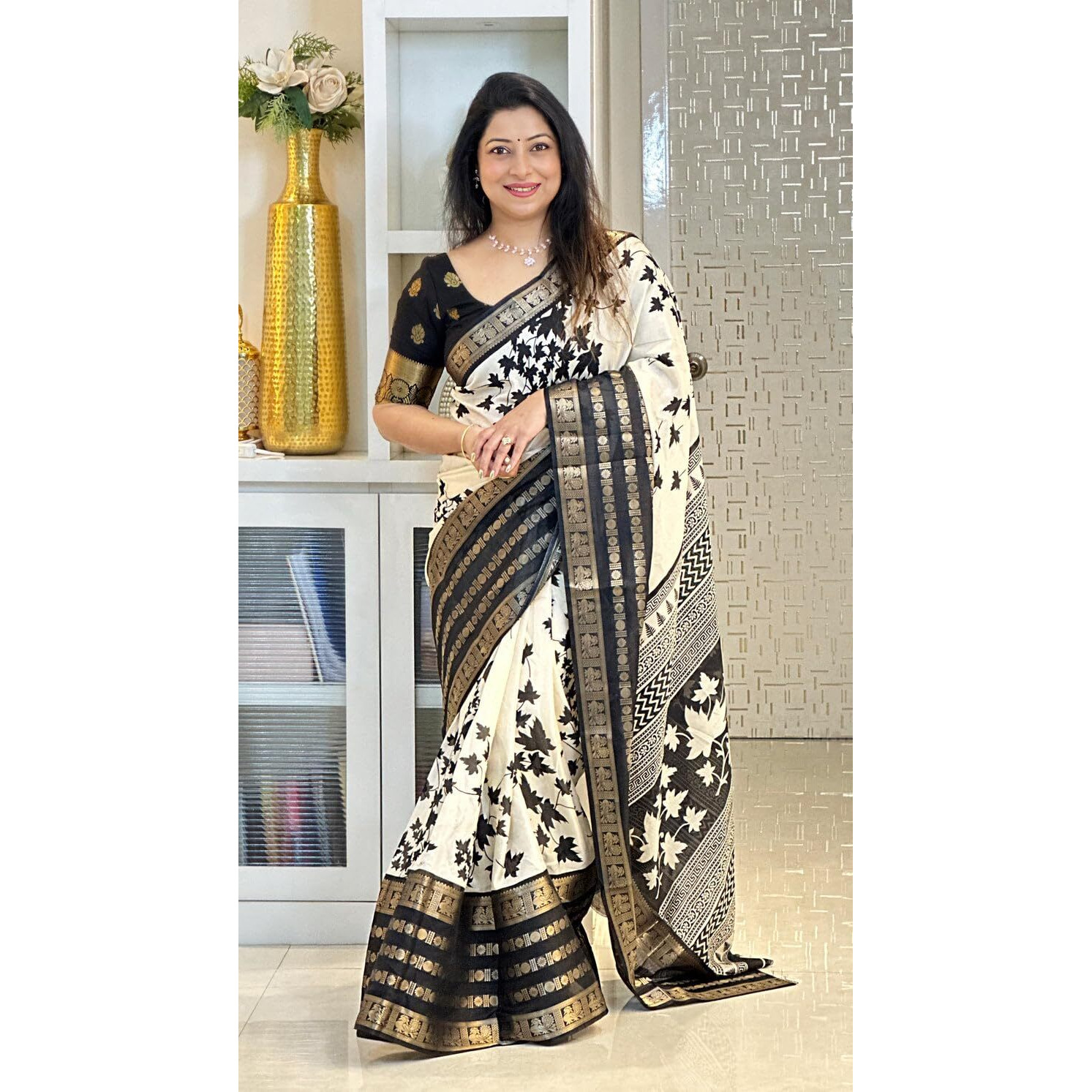 Yashika Women's Floral Printed White Dola Silk Jacquard Saree With Unstitched Blouse Material For Women (AZ-YS-OG-GYANI WHITE BLACK)