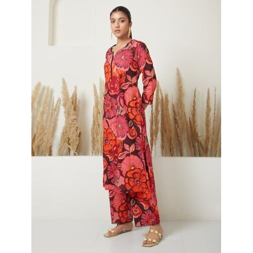 Yashika Women's Regular 3/4 Sleeve Floral Printed Kurti Pant Set, Cotton Blend, Knee Length, Stylish Ethnic Outfit, Office, and Casual Occasions (AZ-YS-OG1-KS2168-Parent_Red