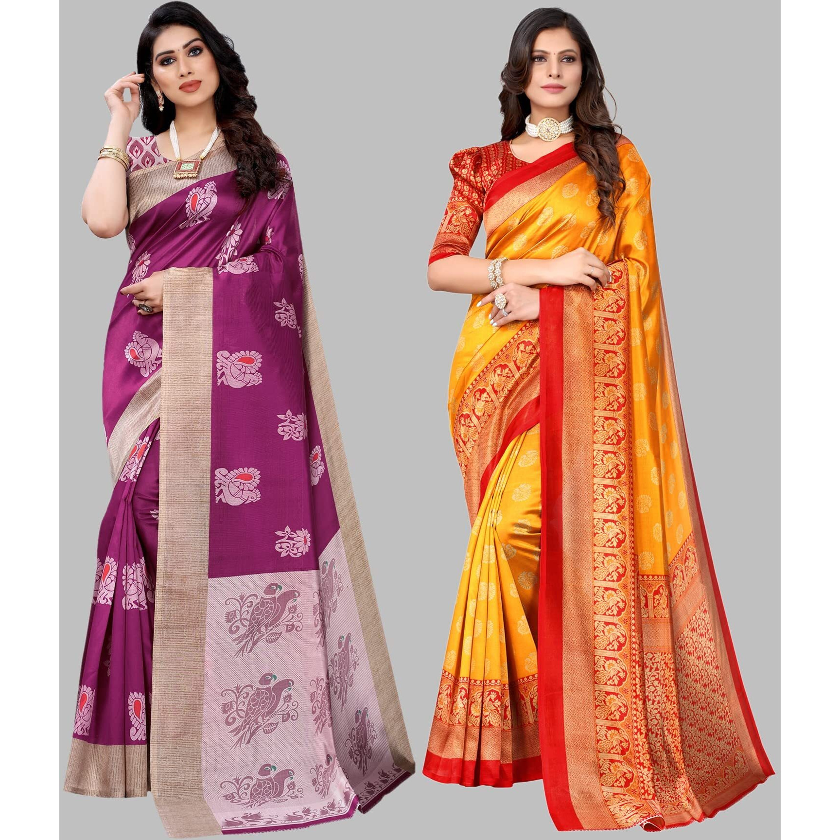 Yashika Women's Combo Art Silk Printed Saree With Blouse Piece Pack Of 2(KESAR WINE-MINALI MUSTARD)