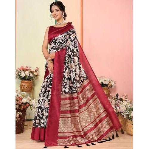 Yashika Women's Art Silk Printed with Tassels Unstitched Blouse Material Stylish Party Casual Wear Traditional Trendy Saree (AZ-YS-P1-SEVIKA-Parent_Black)