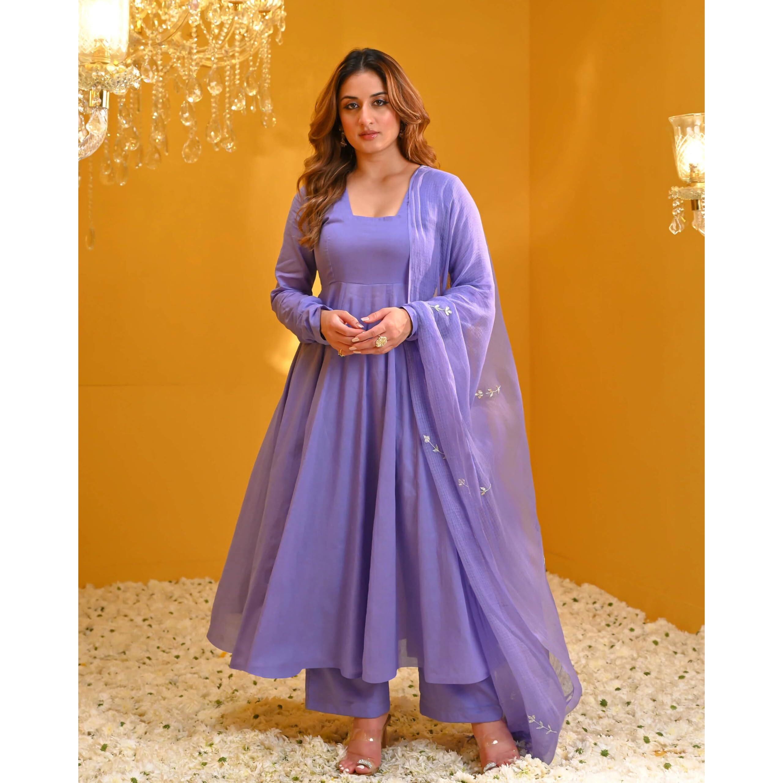 ANNI DESIGNER Women's Rayon Viscose Solid Anarkali Kurta with Pant & Dupatta (Tuntun Blue_M_Blue_Medium)