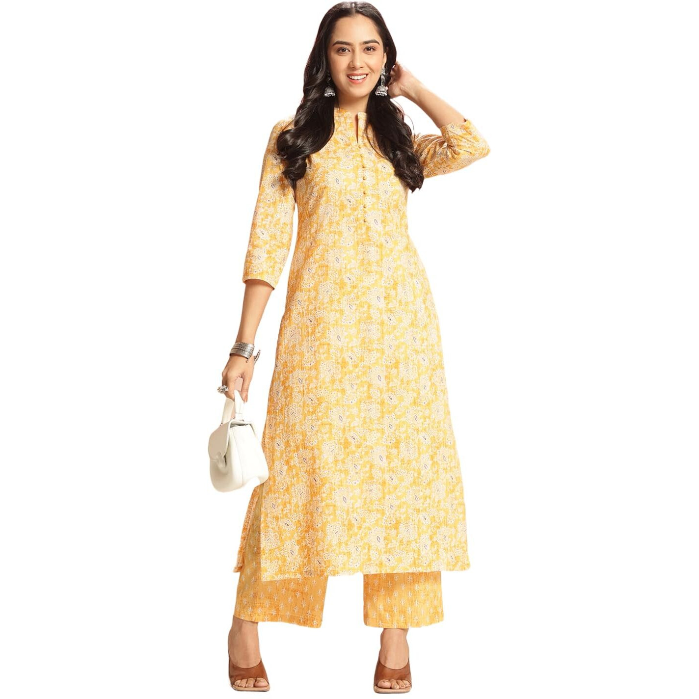 ANNI DESIGNER Women's Rayon Viscose Straight Printed Kurta with Palazzo (Nalagarh Yellow_XL_Yellow_X-Large)