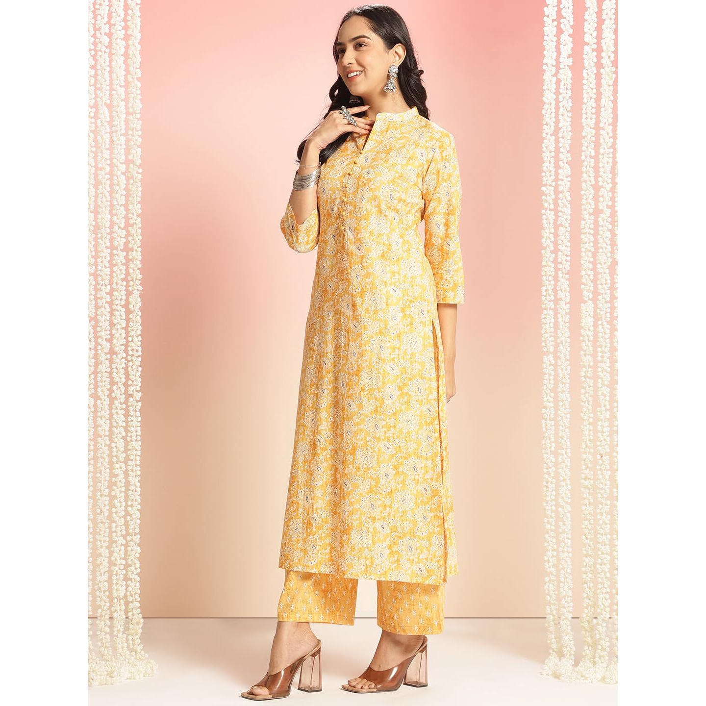 ANNI DESIGNER Women's Rayon Viscose Straight Printed Kurta with Palazzo (Nalagarh Yellow_XL_Yellow_X-Large)