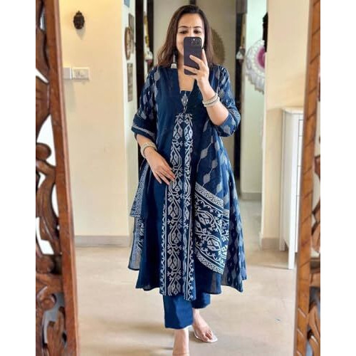 ANNI DESIGNER Women's Rayon Viscose Printed Anarkali Kurta with Pant & Dupatta (JARRY Blue_S_Blue_Small)