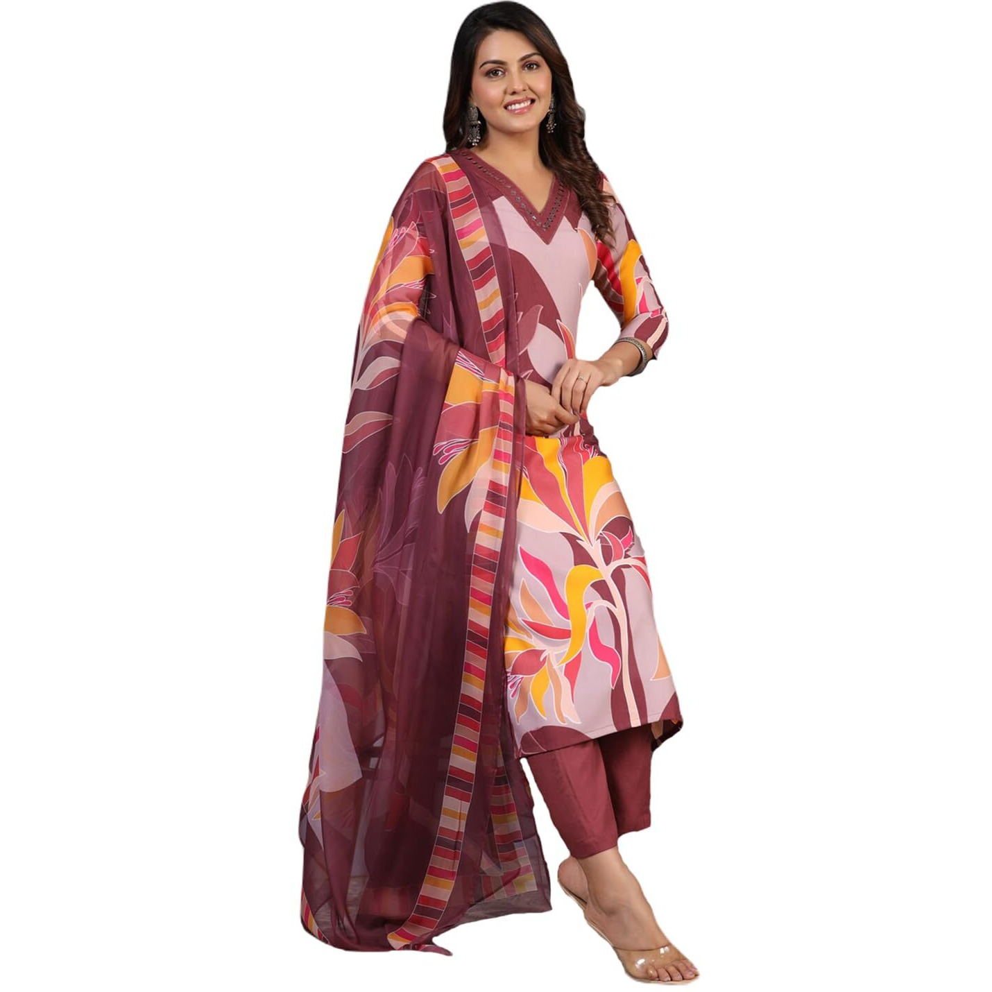 ANNI DESIGNER Women's Rayon Blend Printed Straight Kurta with Pant & Dupatta (KHISSU Wine_XXL_Wine_XX-Large)