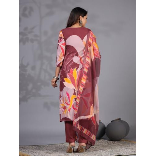 ANNI DESIGNER Women's Rayon Blend Printed Straight Kurta with Pant & Dupatta (KHISSU Wine_XXL_Wine_XX-Large)