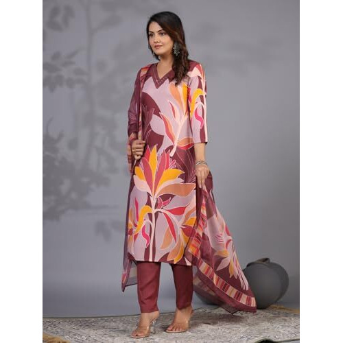 ANNI DESIGNER Women's Rayon Blend Printed Straight Kurta with Pant & Dupatta (KHISSU Wine_XXL_Wine_XX-Large)