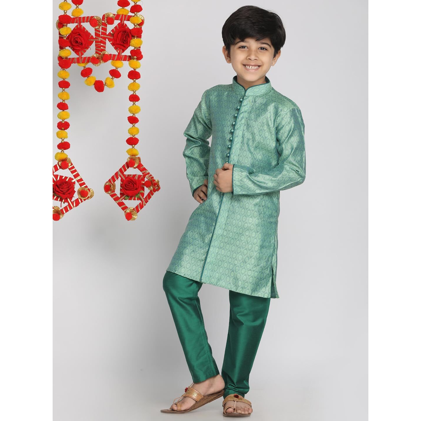 VASTRAMAY Boys' Green Banarasi Silk Jacquard Kurta Pyjama Set  Traditional Ethnic Wear for Weddings, Festivals & Celebrations