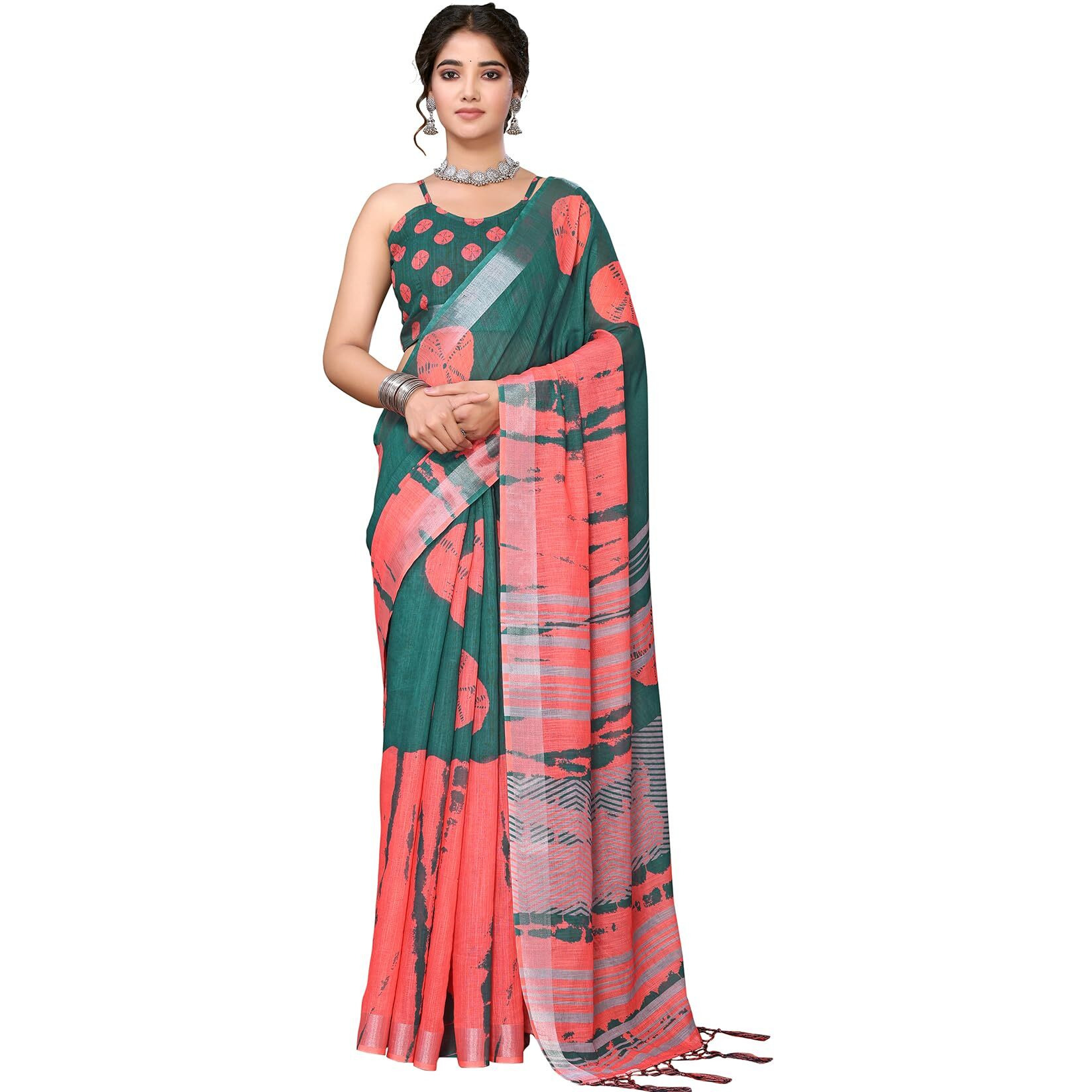 Yashika Women's Plain Digital Print Cotton Silk Blend Saree with Silver Weaving Border Tassels-Elegant Ethnic Wear for Festive and Casual Occasions (AZ-YS-P1-TIGER 07 to 20-Parent_Tiger 11-Green)