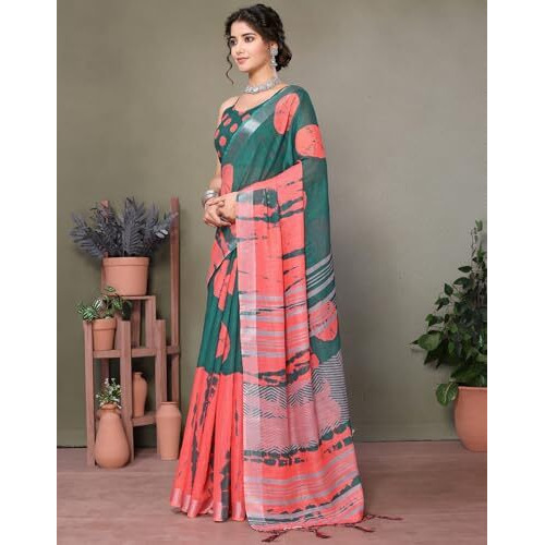 Yashika Women's Plain Digital Print Cotton Silk Blend Saree with Silver Weaving Border Tassels-Elegant Ethnic Wear for Festive and Casual Occasions (AZ-YS-P1-TIGER 07 to 20-Parent_Tiger 11-Green)