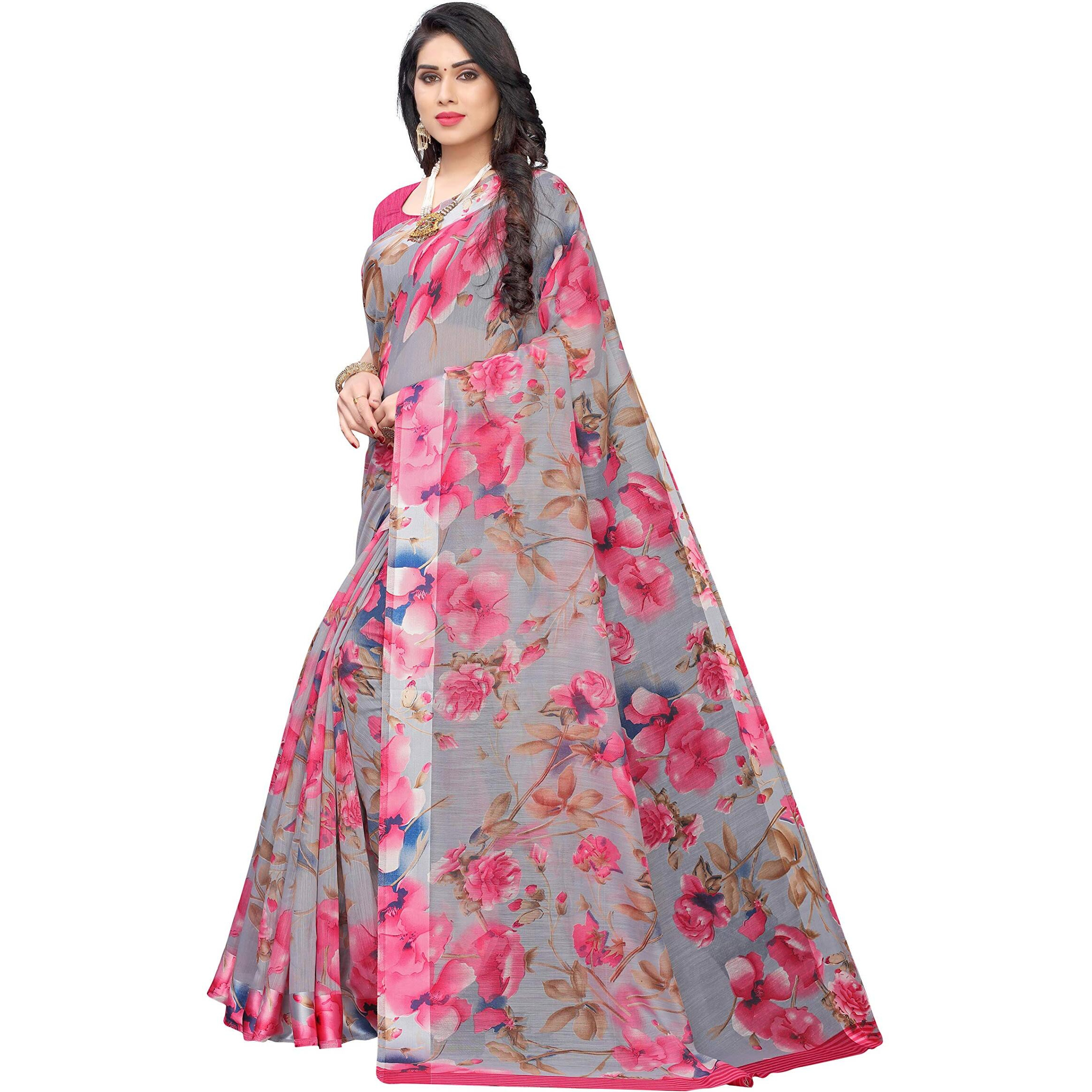 Yashika Women Linen Floral Plain Sarees Free Size (SONAKSHI 12 RED)