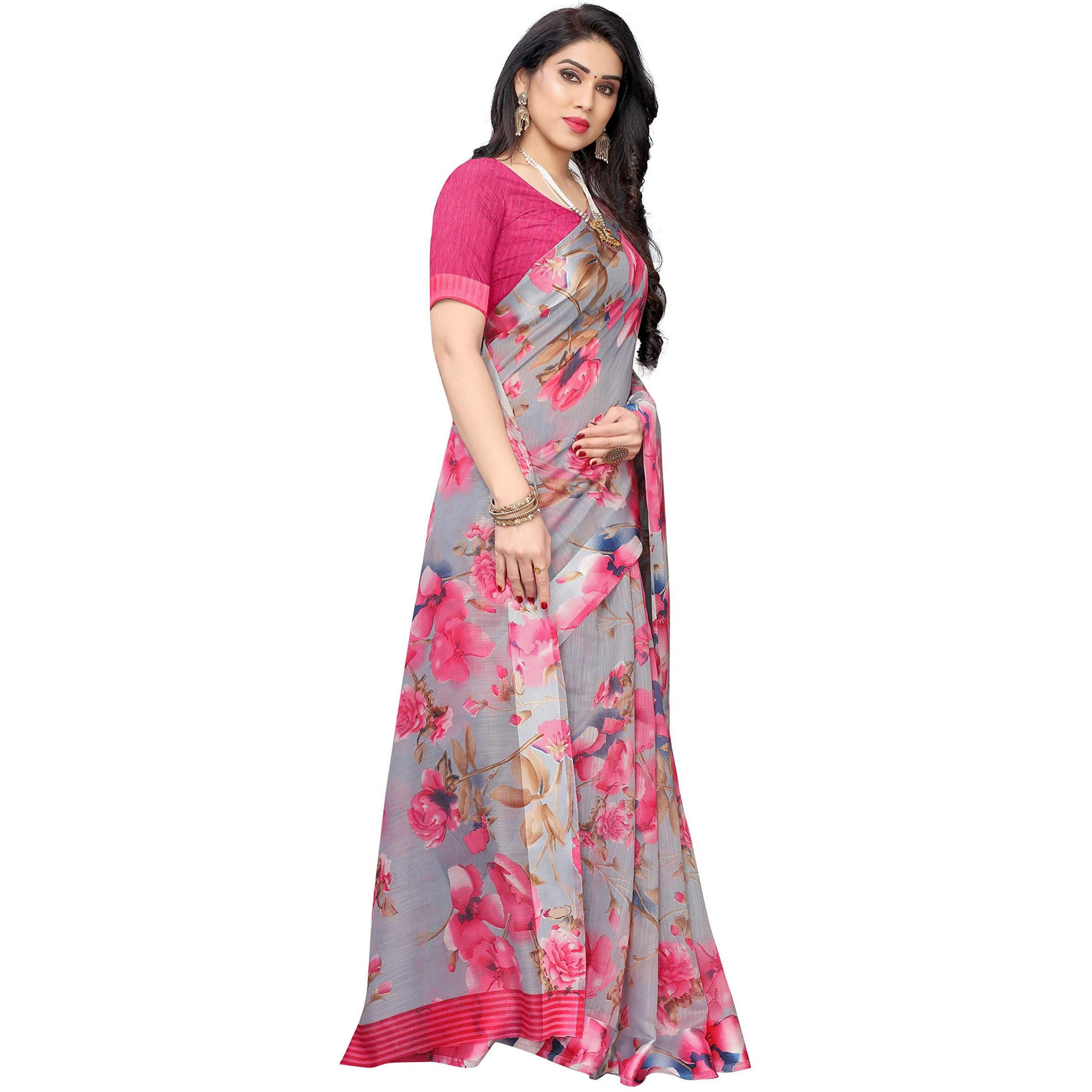 Yashika Women Linen Floral Plain Sarees Free Size (SONAKSHI 12 RED)