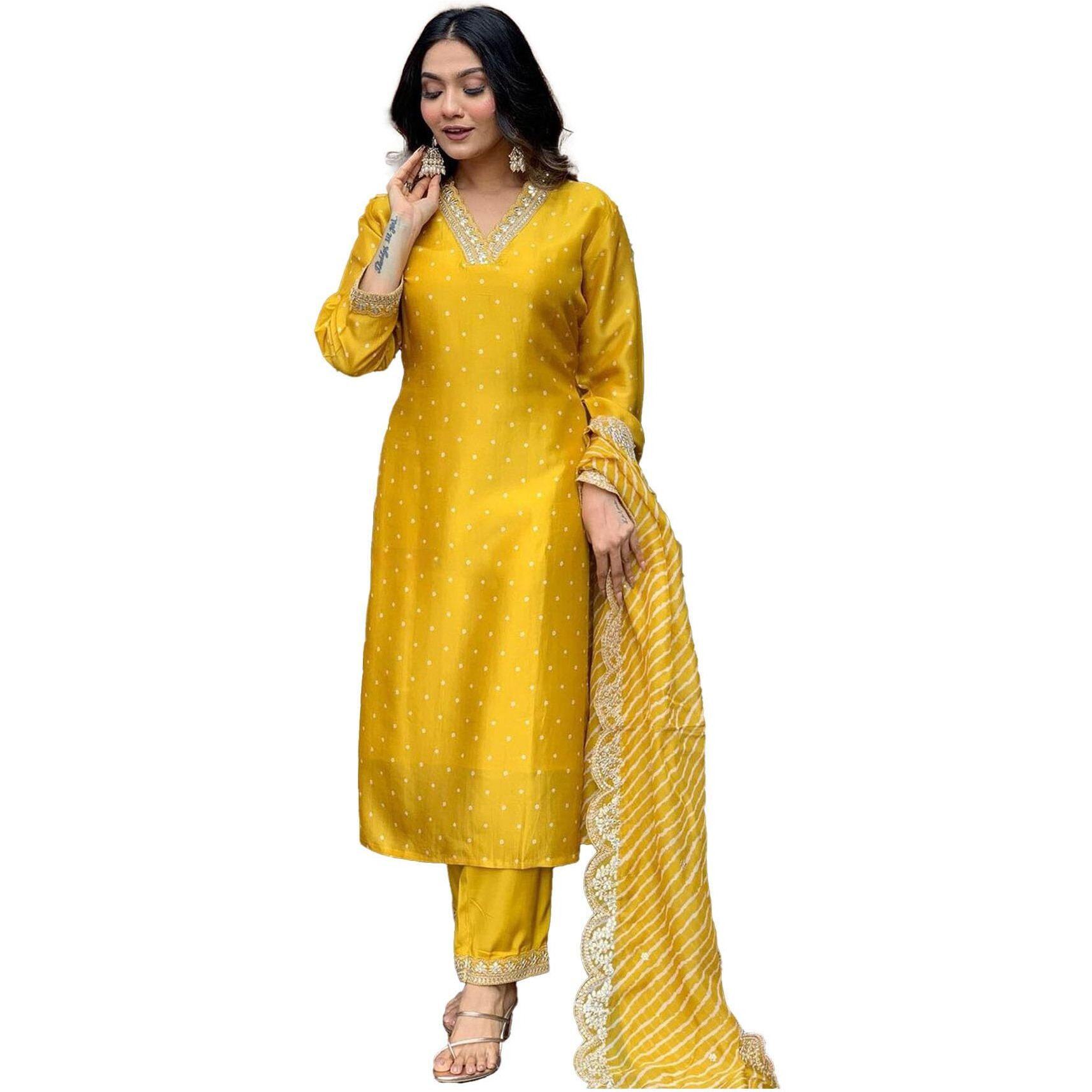 Yashika Women's Regular Silk Blend Table Kurta Pant Set with Mal Cotton Digital Print Dupatta and Embroidery Work Suitable for Every Indian Occasion (AZ-YS-OG-KS2178-Parent_Yellow