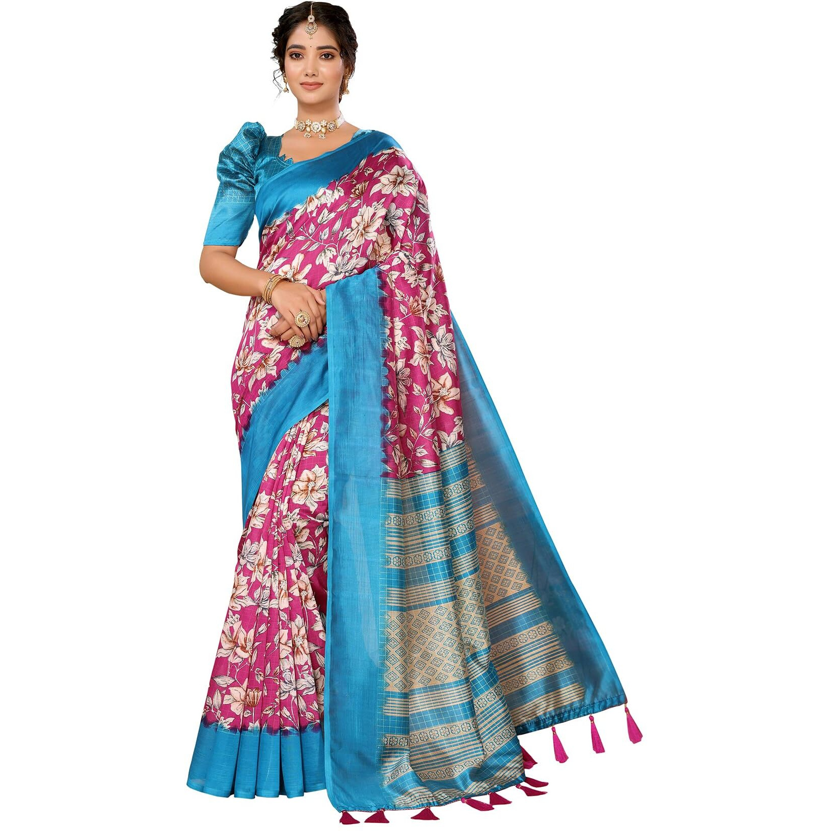 Yashika Women's Art Silk Printed with Tassels Unstitched Blouse Material Stylish Party Casual Wear Traditional Trendy Saree (AZ-YS-P1-SEVIKA-Parent_Pink)