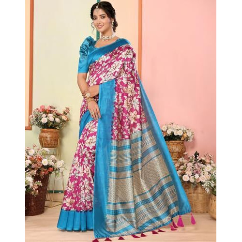 Yashika Women's Art Silk Printed with Tassels Unstitched Blouse Material Stylish Party Casual Wear Traditional Trendy Saree (AZ-YS-P1-SEVIKA-Parent_Pink)