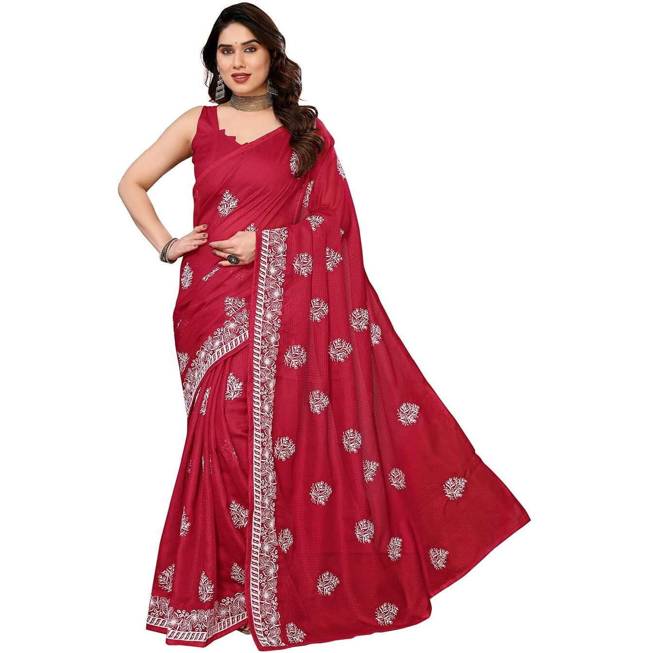 Yashika Women's Floral Embroidered Kota Doria Work Saree With Unstitched Blouse Material (AZ-YS-P1-MEGHNA RED)