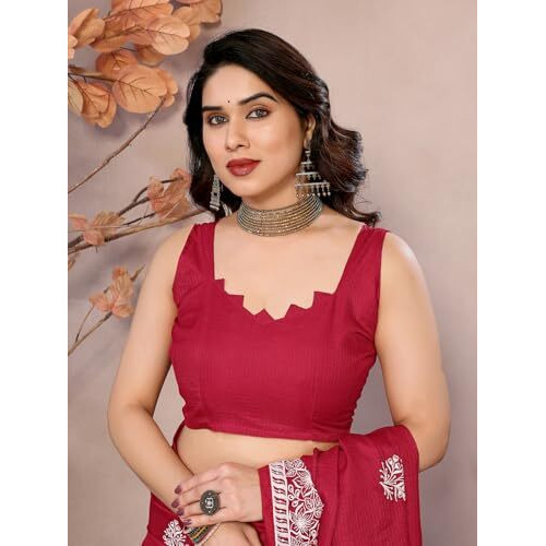 Yashika Women's Floral Embroidered Kota Doria Work Saree With Unstitched Blouse Material (AZ-YS-P1-MEGHNA RED)