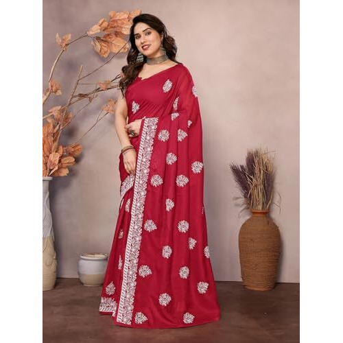 Yashika Women's Floral Embroidered Kota Doria Work Saree With Unstitched Blouse Material (AZ-YS-P1-MEGHNA RED)