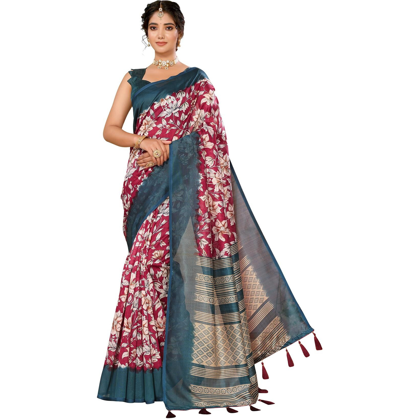 Yashika Women's Art Silk Printed with Tassels Unstitched Blouse Material Stylish Party Casual Wear Traditional Trendy Saree (AZ-YS-P1-SEVIKA-Parent_Red)