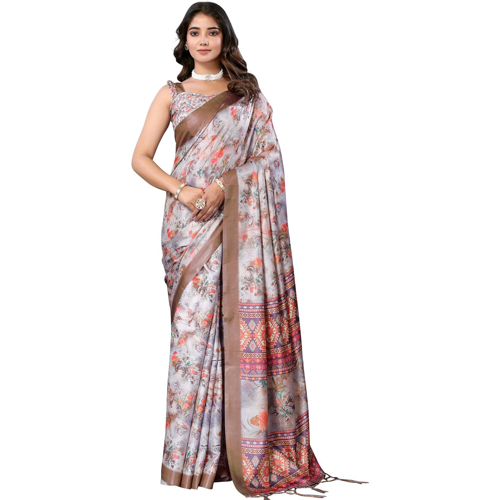 Yashika Women's Digital Print Art Silk Cotton Saree with Tassels and Golden Border - Lightweight and Elegant Ethnic Wear for Festive and Casual Occasions (AZ-YS-P1-PUSHPA 04)