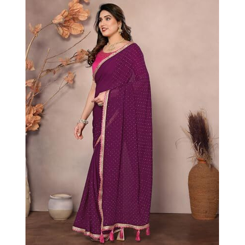 Yashika Women's Solid Color Georgette Zari Work Saree With Lace and Unstitched Blouse Material (AZ-YS-P1-NEEPA PURPLE)