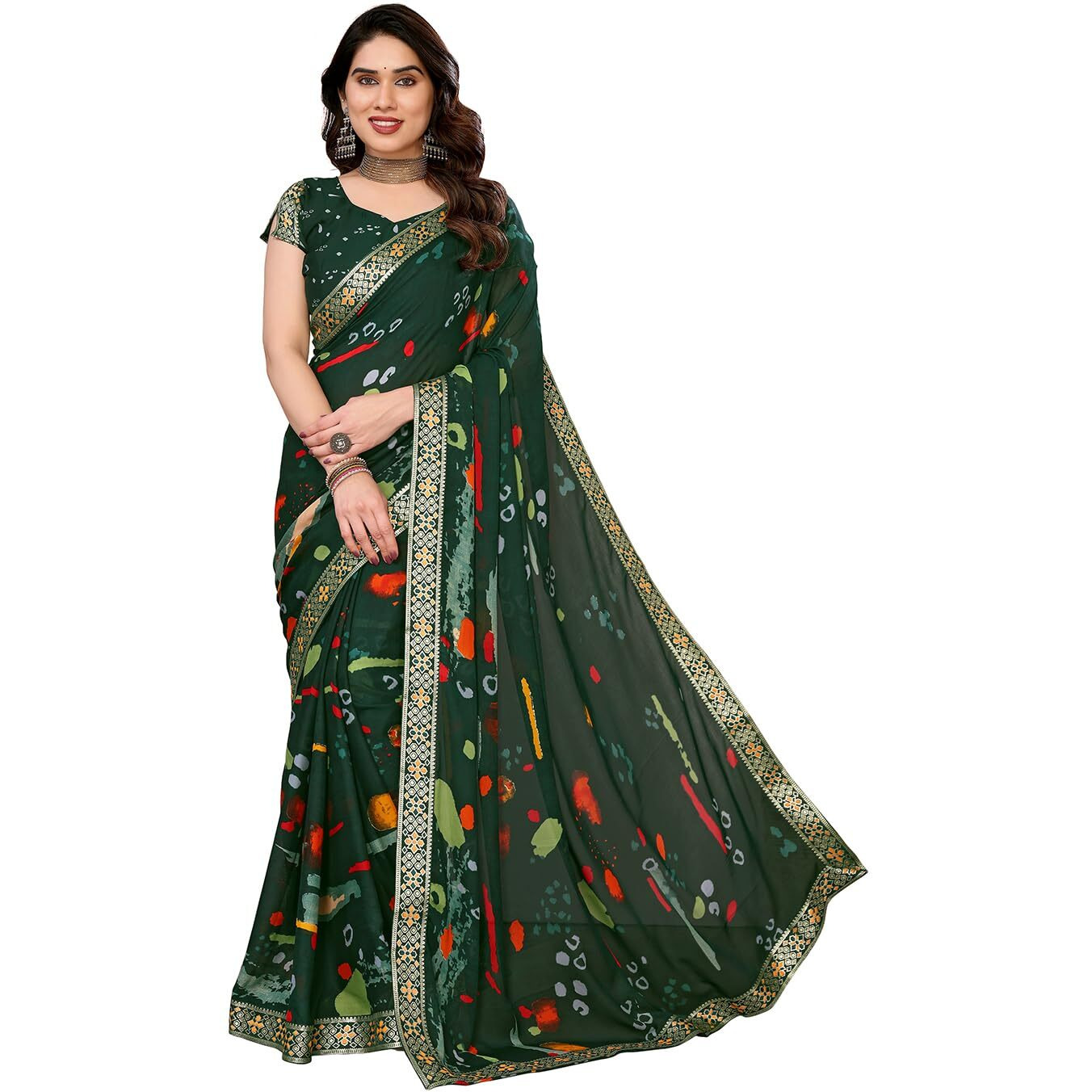 Yashika Women's Printed Georgette Saree With Lace Border and Unstitched Blouse Material (AZ-YS-P1-BARUNI GREEN)