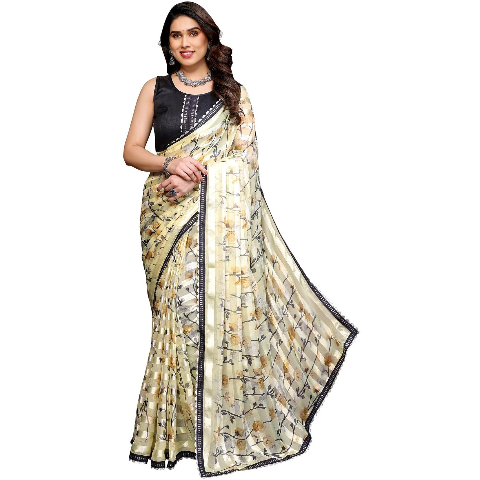 Yashika Women's Printed Georgette Satin Saree with Lace Border and Blouse Material (AZ-YS-P1-SHABNAM YELLOW)