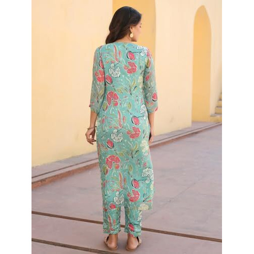 ANNI DESIGNER Women's Rayon Blend Straight Fit Printed Kurta with Pant (Vitudi Green_S_Green_Small)