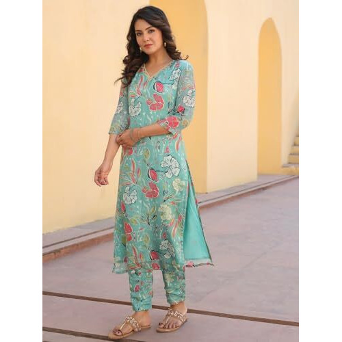 ANNI DESIGNER Women's Rayon Blend Straight Fit Printed Kurta with Pant (Vitudi Green_S_Green_Small)