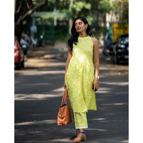 ANNI DESIGNER Women's Rayon Blend Straight Block Printed Kurta with Pant (Lemon-Lime_L_Green_Large)