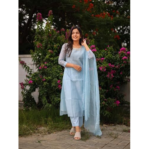 ANNI DESIGNER Women's Rayon Viscose Solid Straight Kurta with Pant & Dupatta (Hinoor Blue_M_Blue_Medium)