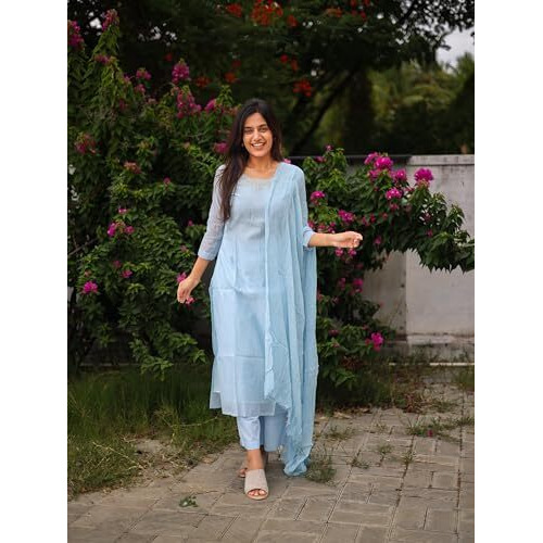 ANNI DESIGNER Women's Rayon Viscose Solid Straight Kurta with Pant & Dupatta (Hinoor Blue_M_Blue_Medium)