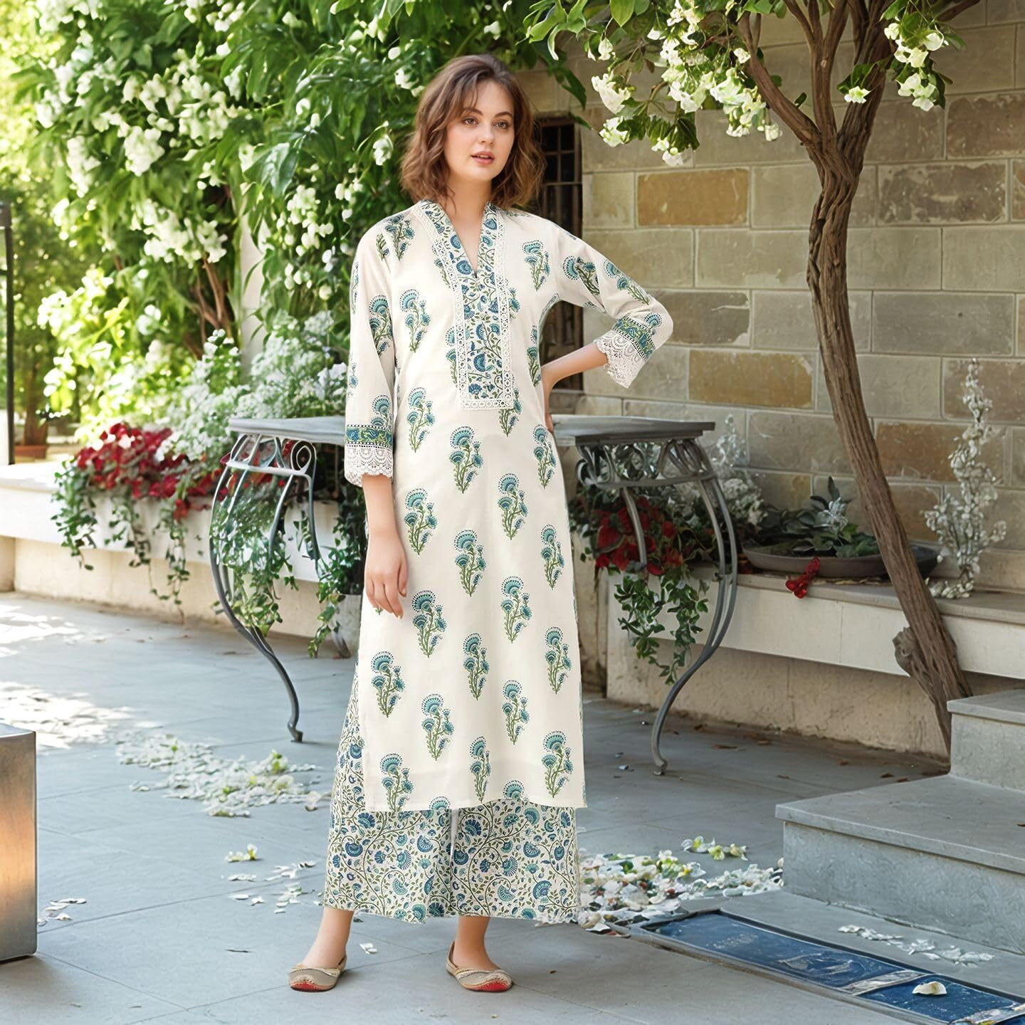 ANNI DESIGNER Women's Rayon Viscose Straight Printed Kurta with Palazzo (Kumbh White_XXL_White_XX-Large)