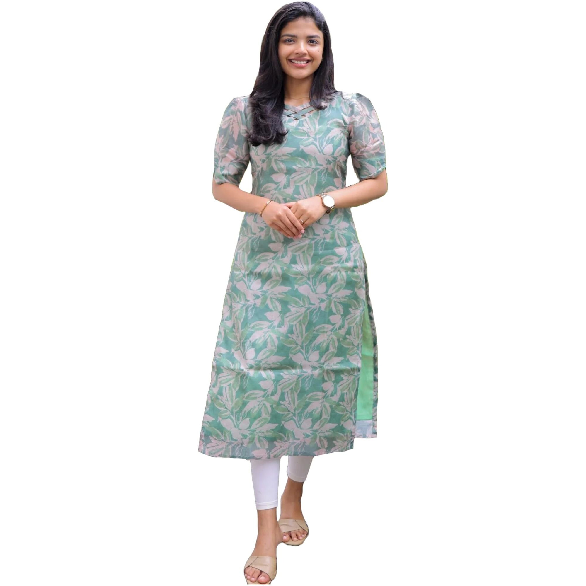 ANNI DESIGNER Women's Viscose Chanderi Floral Straight Kurta (Godavari-CLRS_Green_Large)