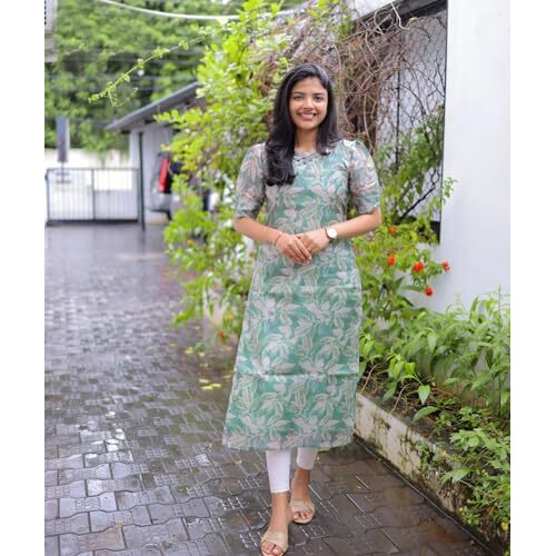 ANNI DESIGNER Women's Viscose Chanderi Floral Straight Kurta (Godavari-CLRS_Green_Large)