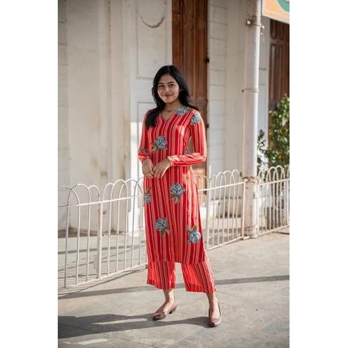 ANNI DESIGNER Women's Rayon Viscose Floral Straight Kurta with Pant (GADUGI RED XX-Large)