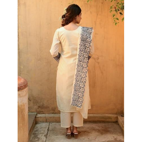 ANNI DESIGNER Women's Cotton Blend Straight Embroidery Kurta with Pant & Dupatta (TRP Off-White_5XL_White_XXXXX-Large)