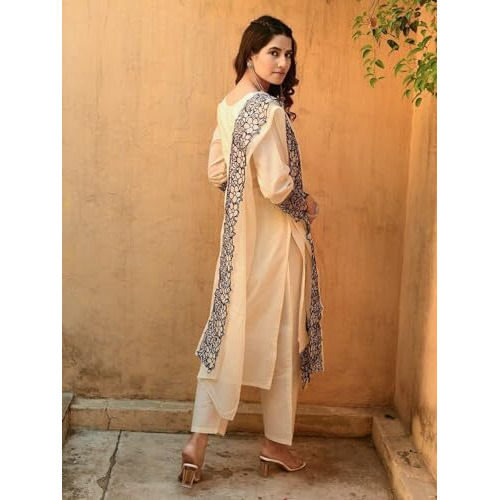 ANNI DESIGNER Women's Cotton Blend Straight Embroidery Kurta with Pant & Dupatta (TRP Off-White_5XL_White_XXXXX-Large)