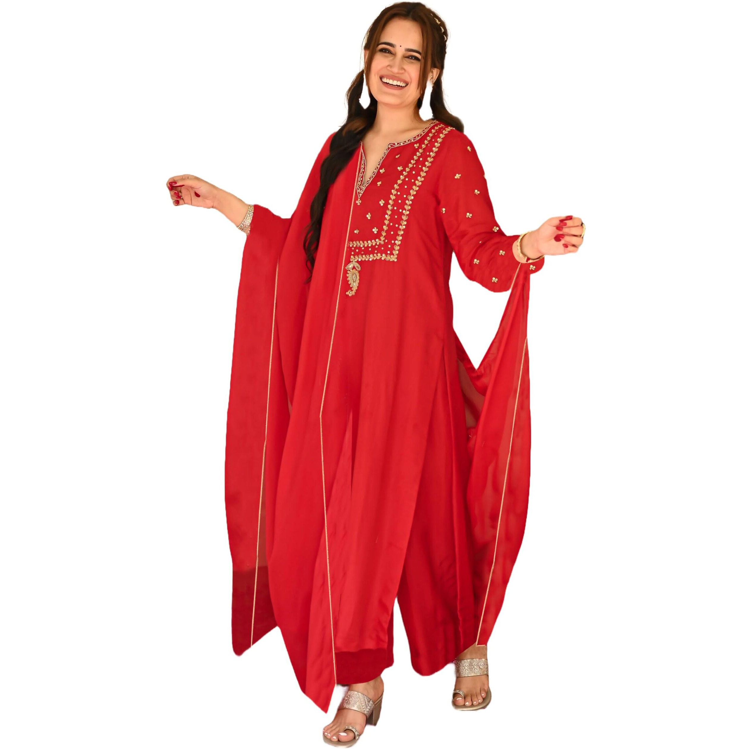 ANNI DESIGNER Women's Rayon Blend Straight Embroidered Kurta with Pant & Dupatta (SIMMU RED_M_Red_Medium)