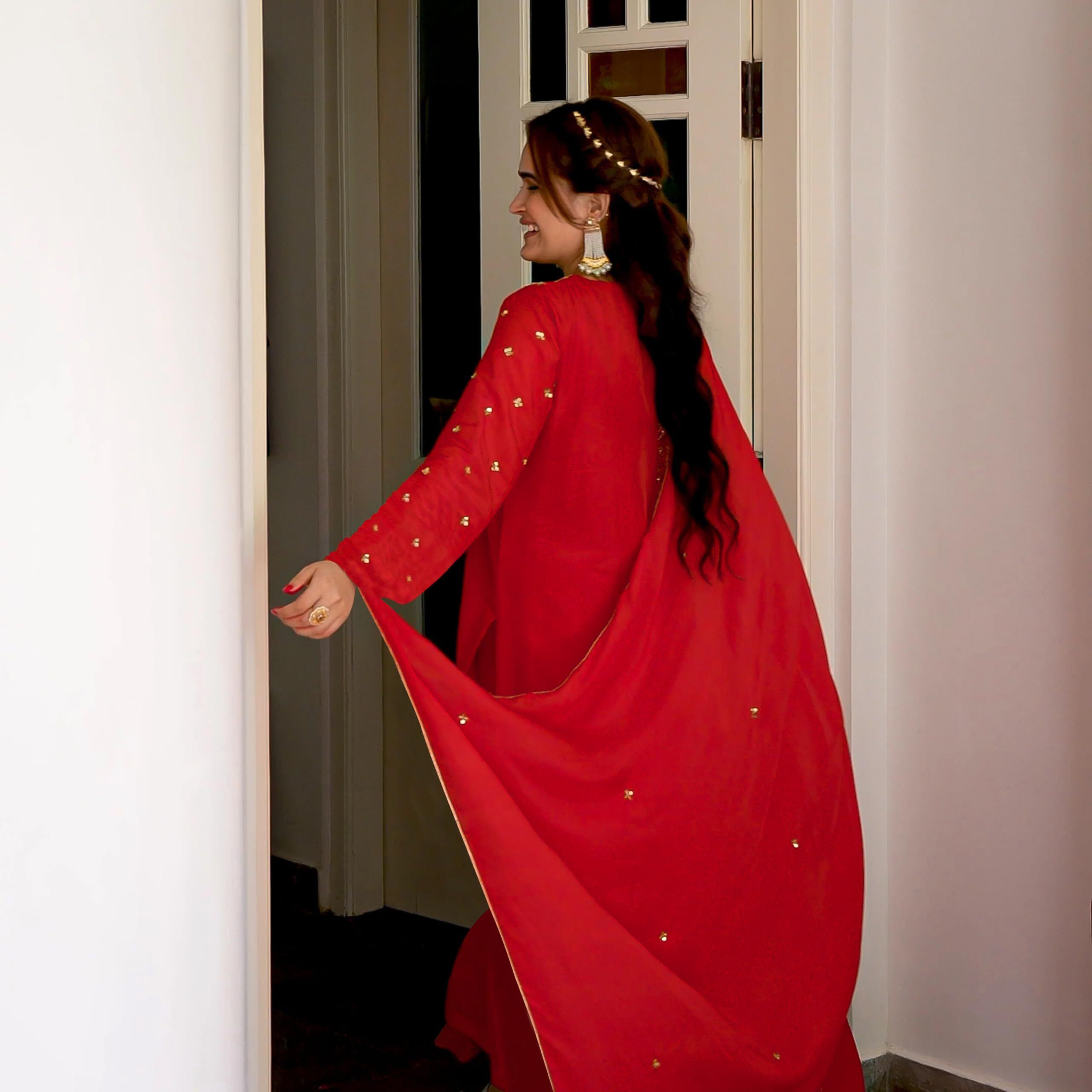 ANNI DESIGNER Women's Rayon Blend Straight Embroidered Kurta with Pant & Dupatta (SIMMU RED_M_Red_Medium)