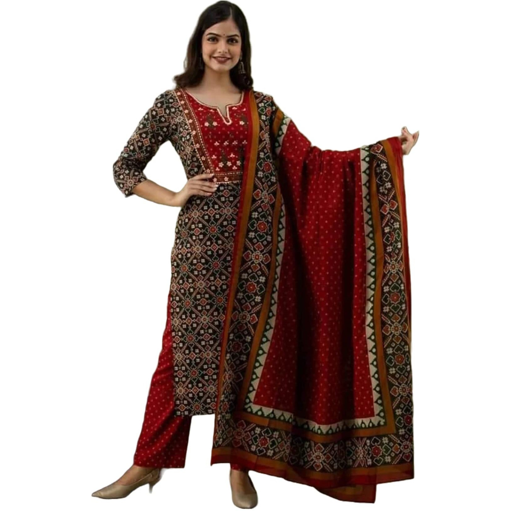 ANNI DESIGNER Women's Cotton Blend Printed Straight Kurta with Pant & Dupatta (Makshi Red_S_Red_Small)