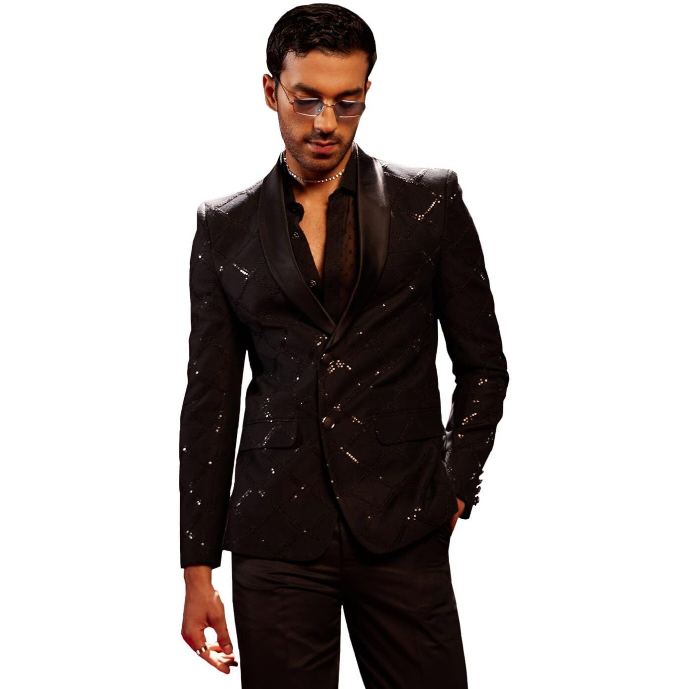 VASTRAMAY Men's Black Sequinced Blazer_VSHRMCT019BL_42