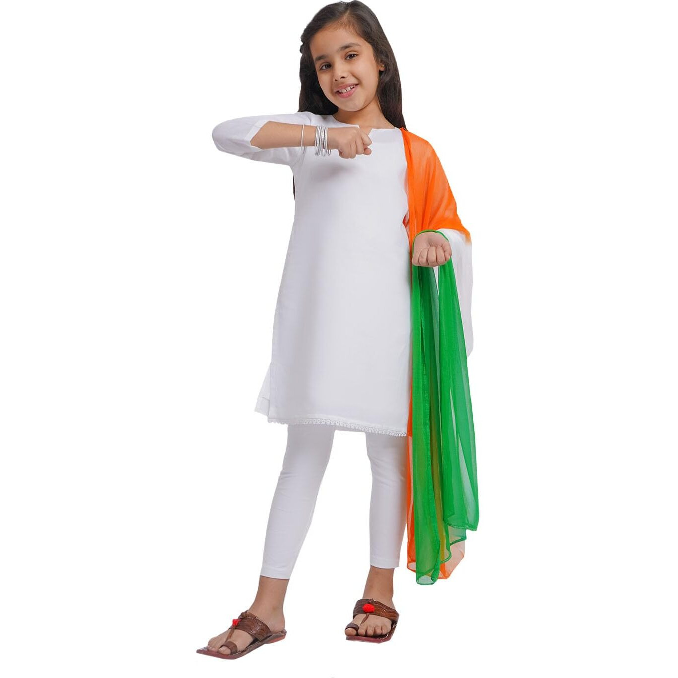 VASTRAMAY Girls' White Cotton Kurta with Leggings and Tricolor Dupatta  Republic Day Special Ethnic Wear Comfortable & Stylish Festive Outfit for Girls