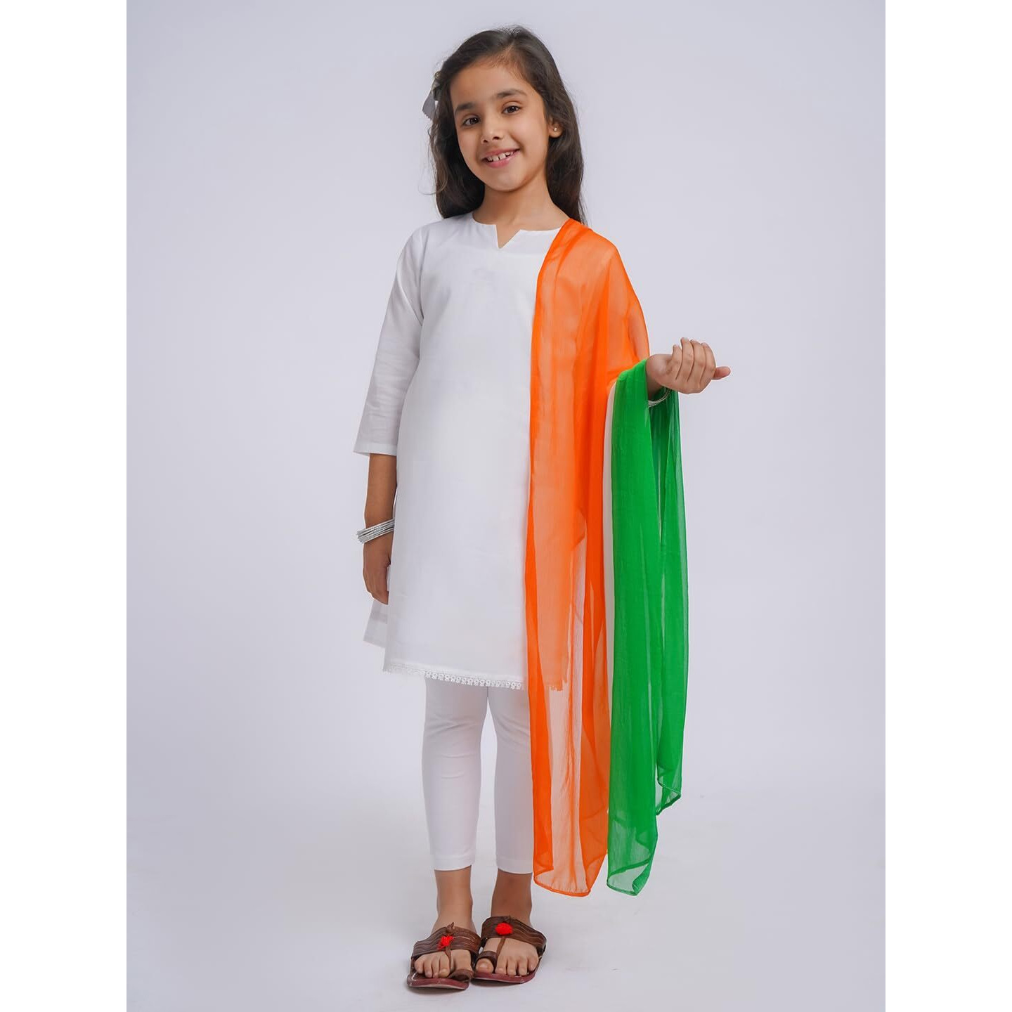 VASTRAMAY Girls' White Cotton Kurta with Leggings and Tricolor Dupatta  Republic Day Special Ethnic Wear Comfortable & Stylish Festive Outfit for Girls