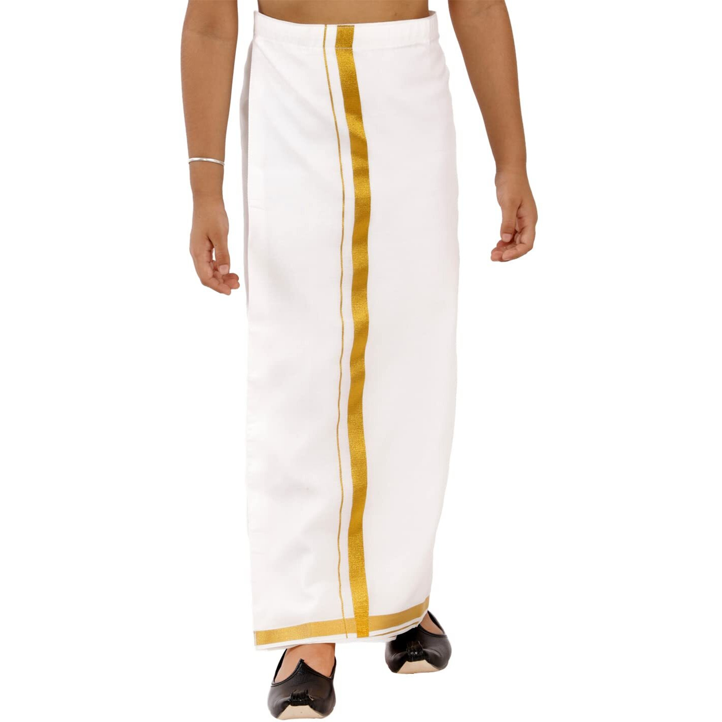 VASTRAMAY Boys' White And Gold Mundu | South Indian Style Mundu - Traditional Ethnic Wear for Festive Occasions - Comfortable and Elegant Design | Dhoti For Onam