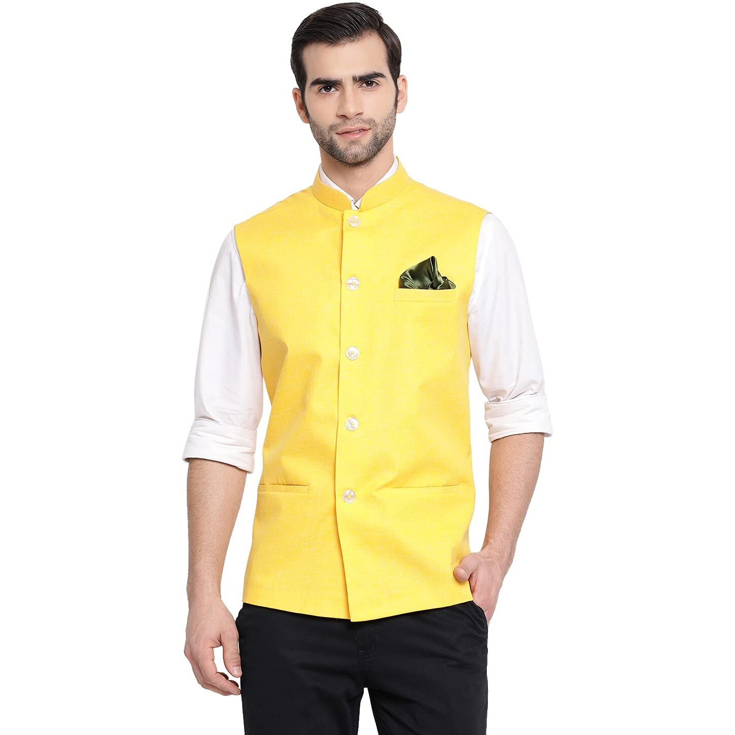 VASTRAMAY Men's Yellow Cotton Blend Nehru Jacket(VASMJ049YW_42- Size-42)