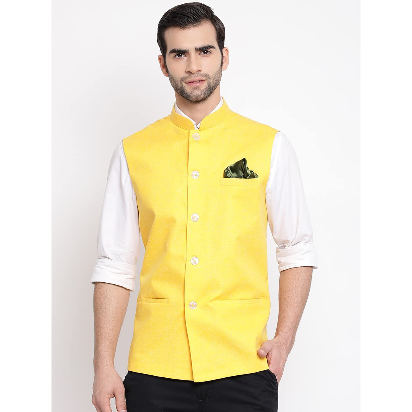 VASTRAMAY Men's Yellow Cotton Blend Nehru Jacket(VASMJ049YW_42- Size-42)